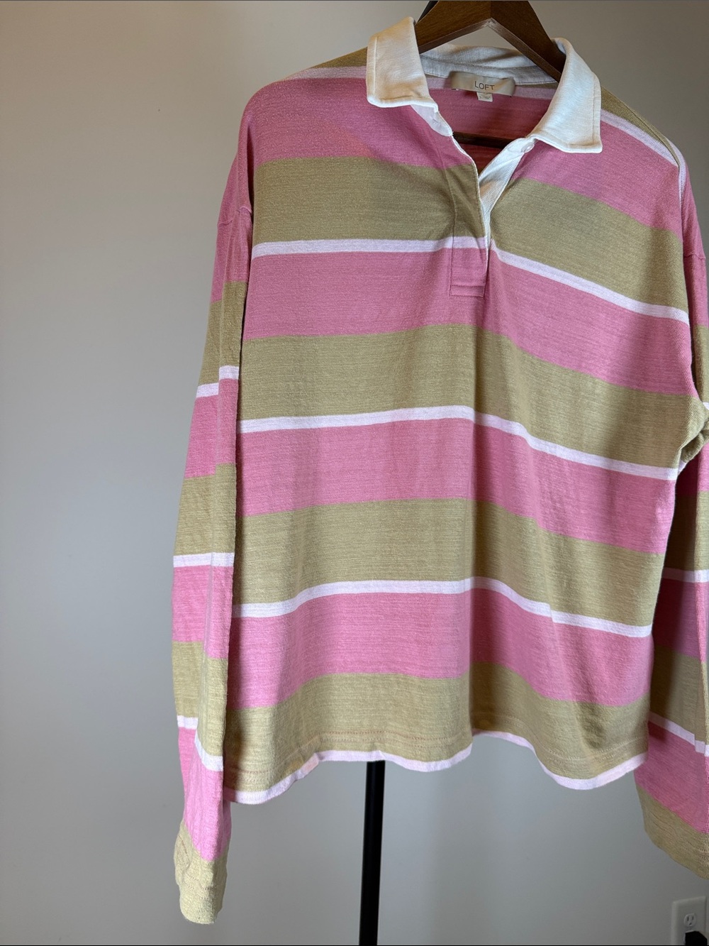 LOFT Pink and Tan Rugby Stripe Polo Top | Size L - Picture 5 of 10